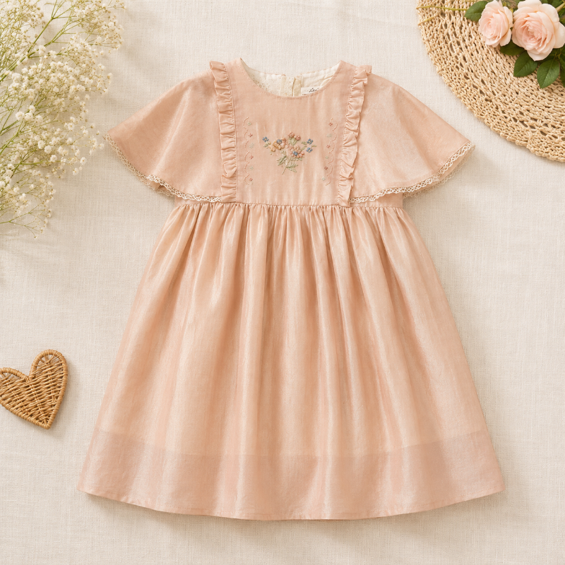 Peach girls' dress with flutter sleeves, ruffled bodice trim, and small floral embroidery