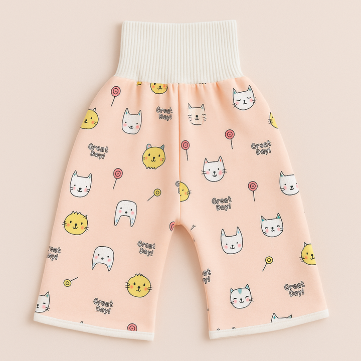 Peach kitten-print training pants with a white ribbed waistband