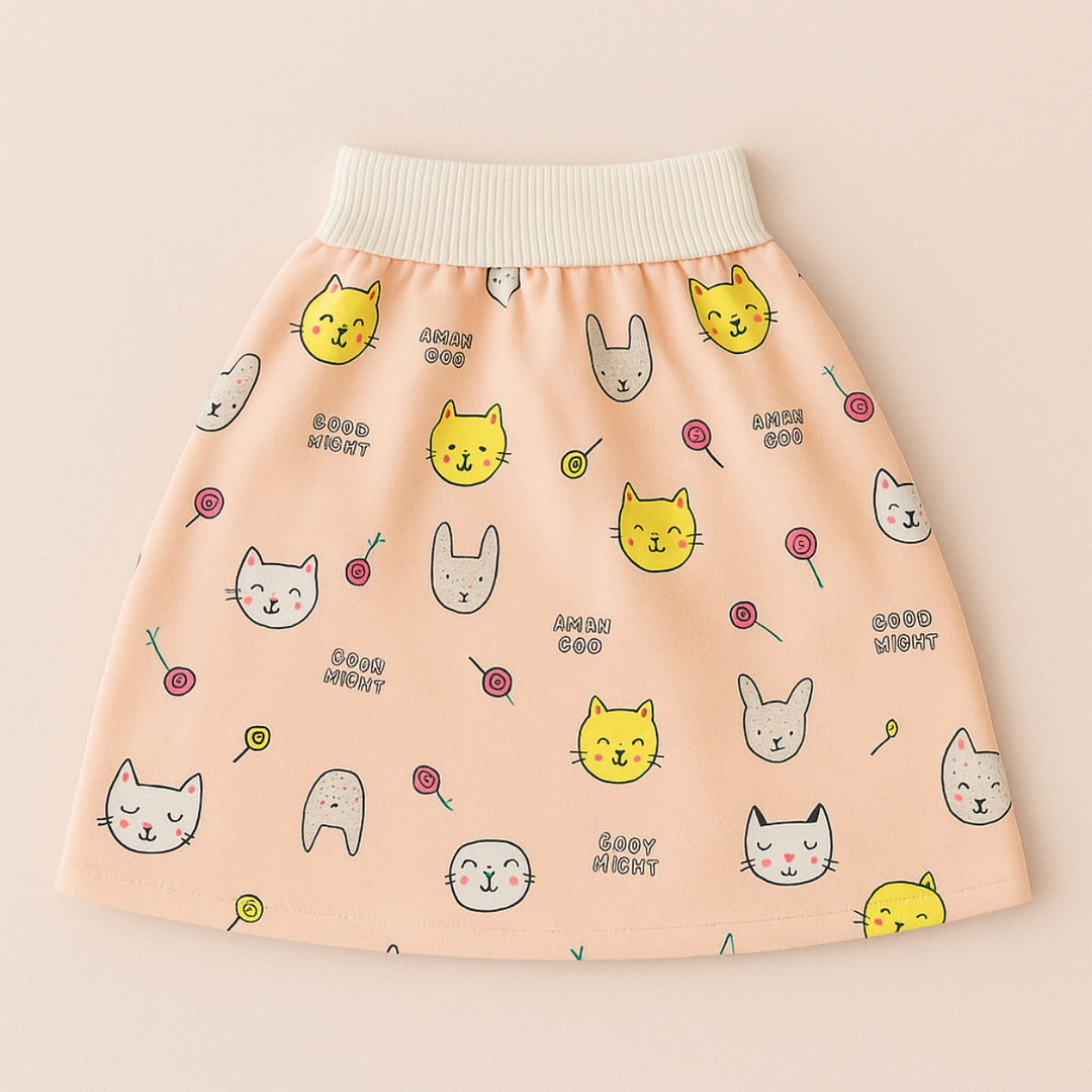 Peach kitten-print training skirt with a white ribbed waistband