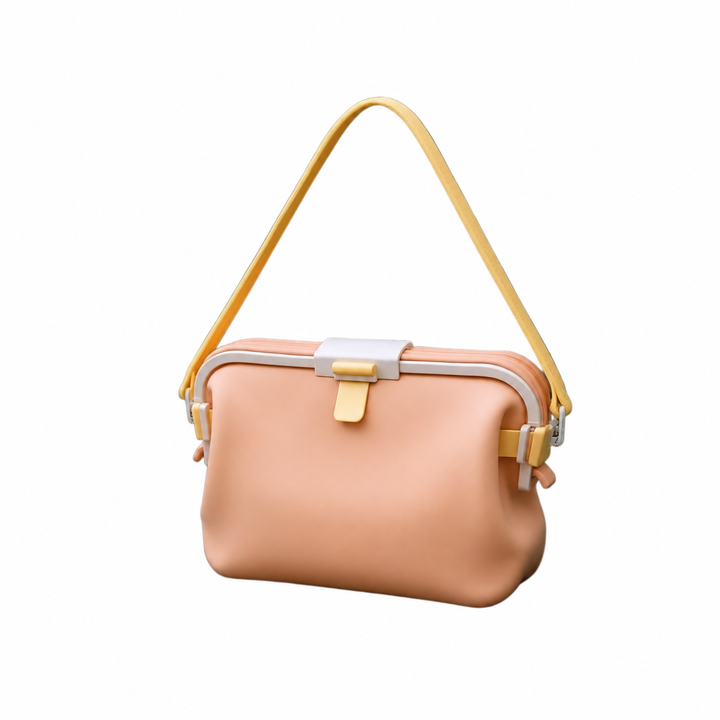 Peach-orange silicone shoulder bag with a yellow strap and clasp accents.