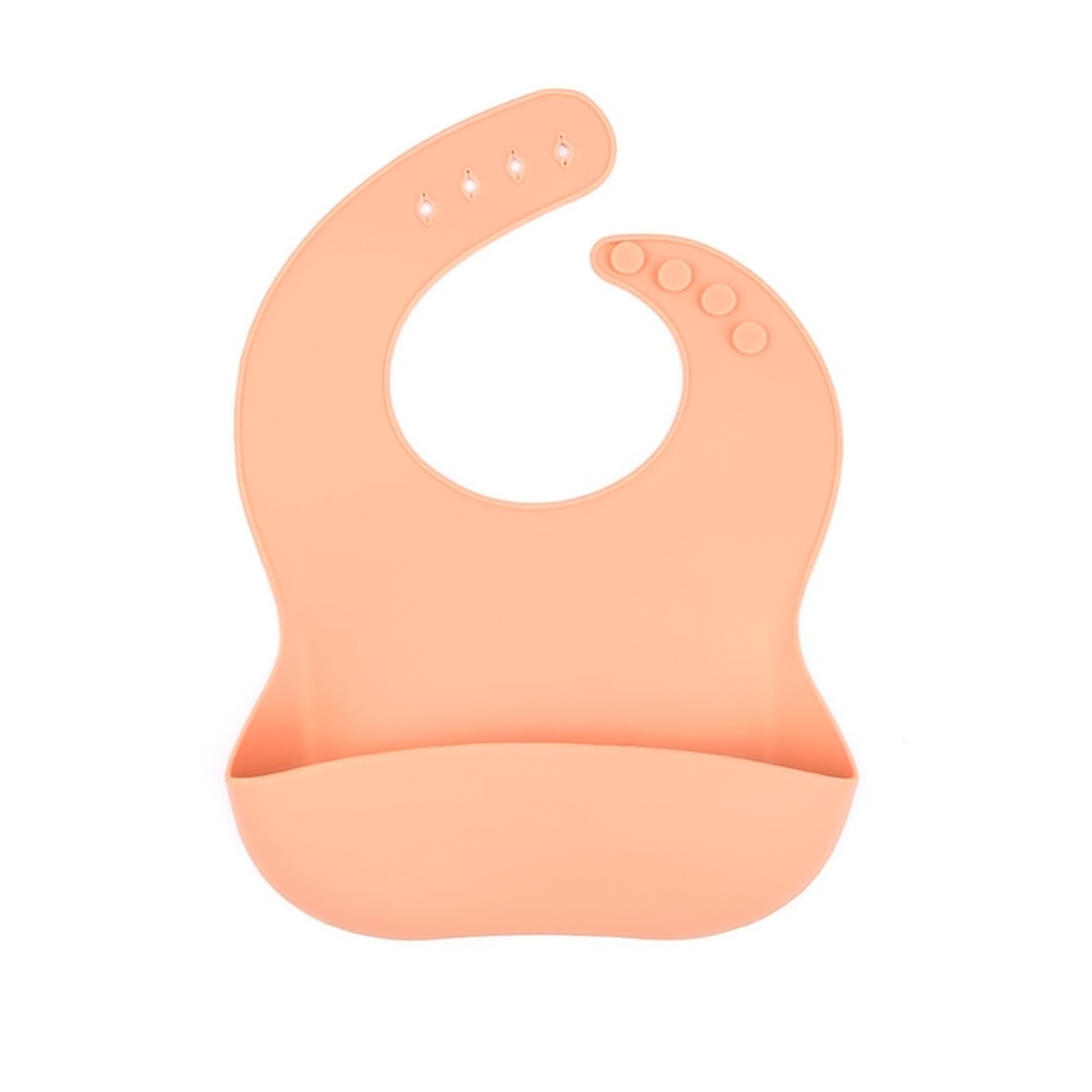 Peach silicone bib with a curved front pocket and adjustable neck fastening.