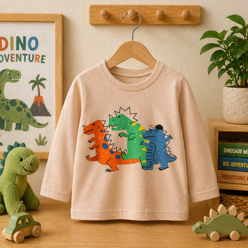 Peach sweatshirt with orange, green, and blue cartoon dinosaurs across the front