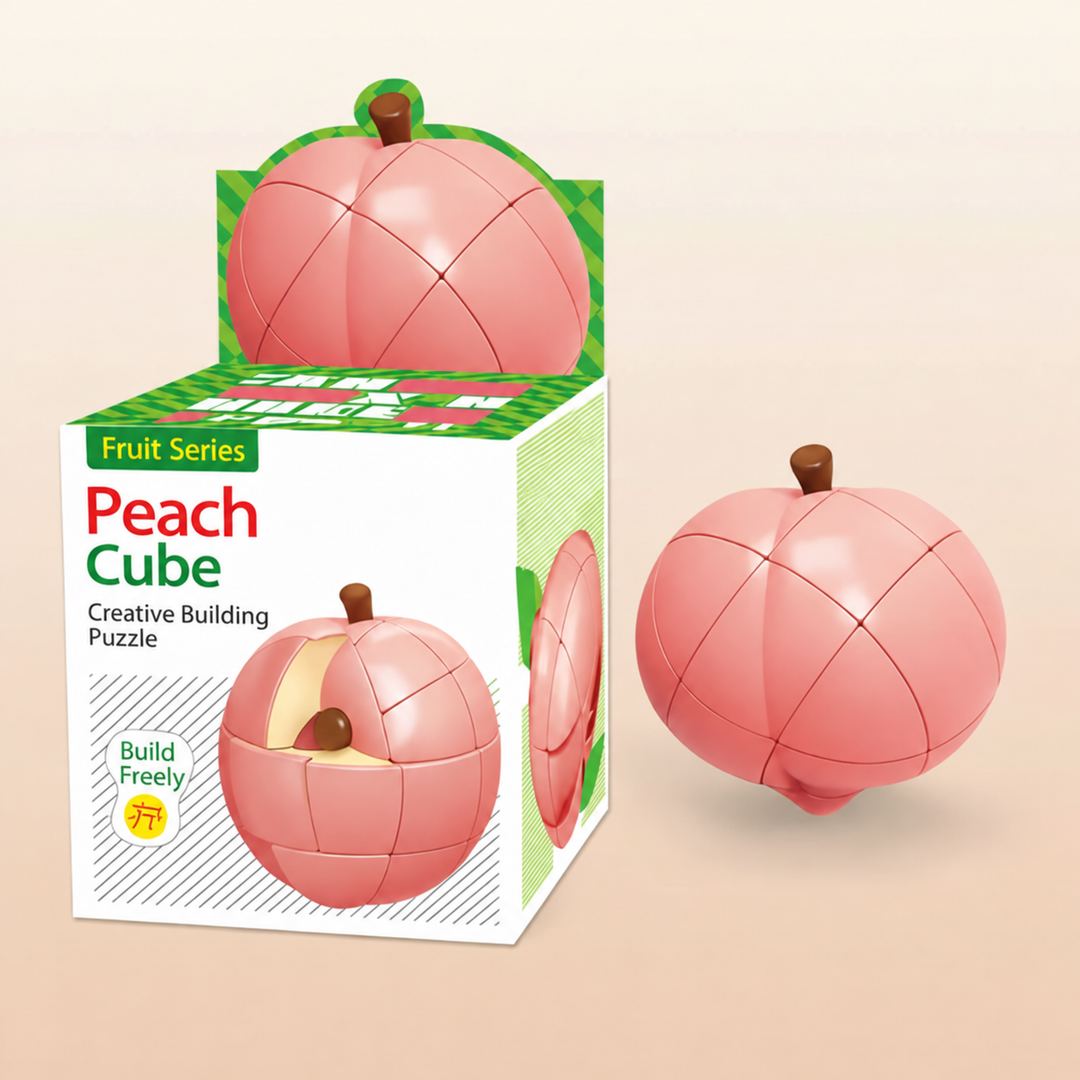 Pink peach-shaped twist puzzle displayed beside its retail box