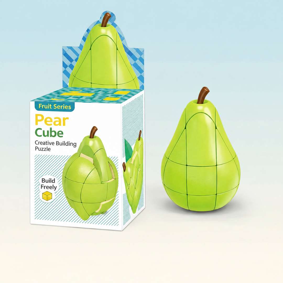 Green pear-shaped twist puzzle displayed beside its retail box