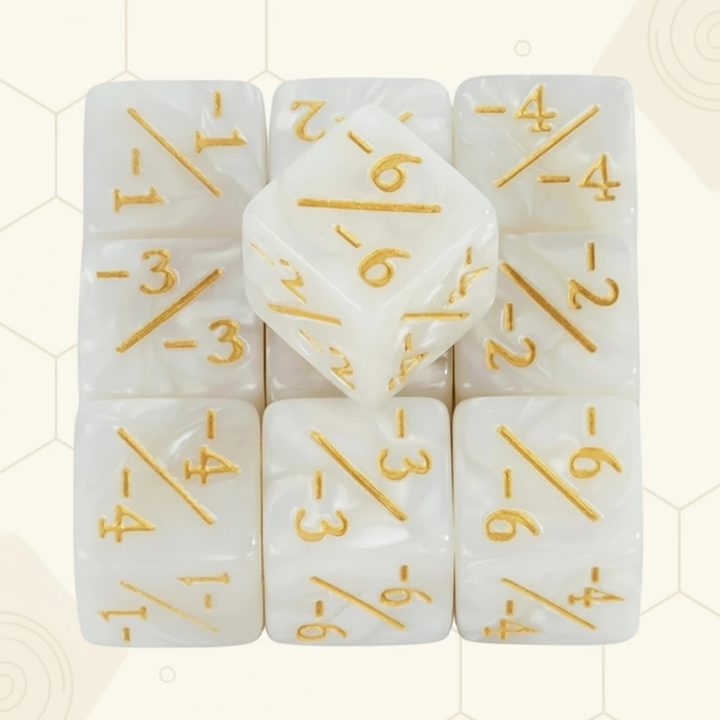 Pearl-finish counter dice displaying gold-colored negative values