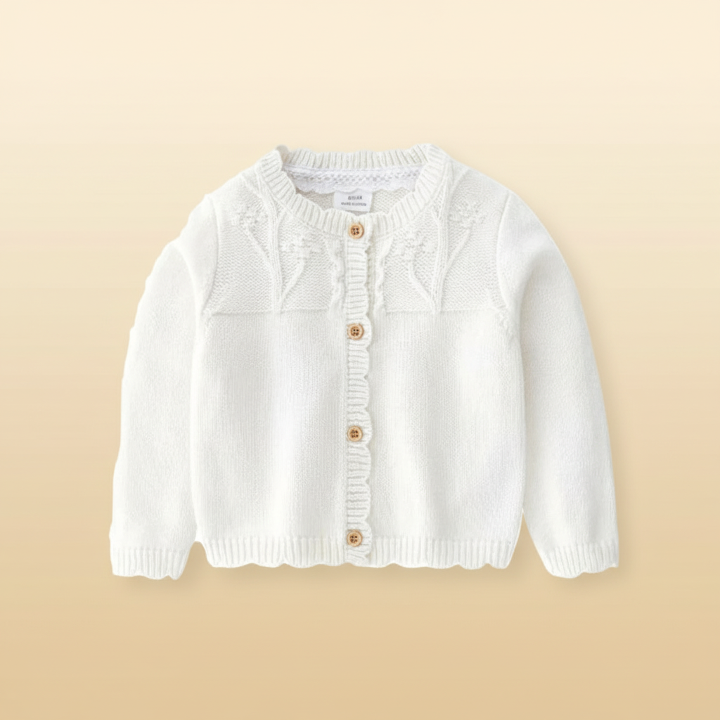 Pearl white baby cardigan with a textured yoke and scalloped button placket