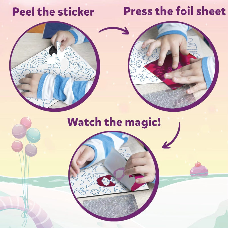 Three-step guide showing a sticker peeled, foil pressed on, and the shiny color revealed