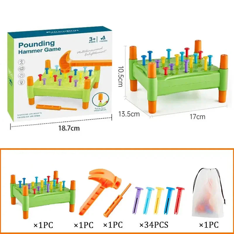 Hammer-and-peg toy packaging, measurement graphic, and illustrated set contents
