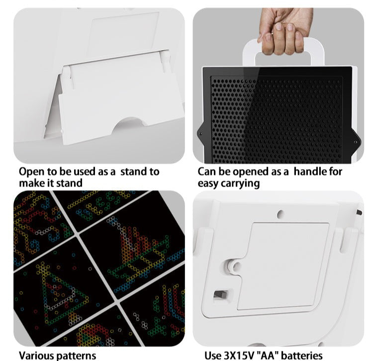 Peg board fold-out stand, carry handle, pattern examples, and AA battery compartment