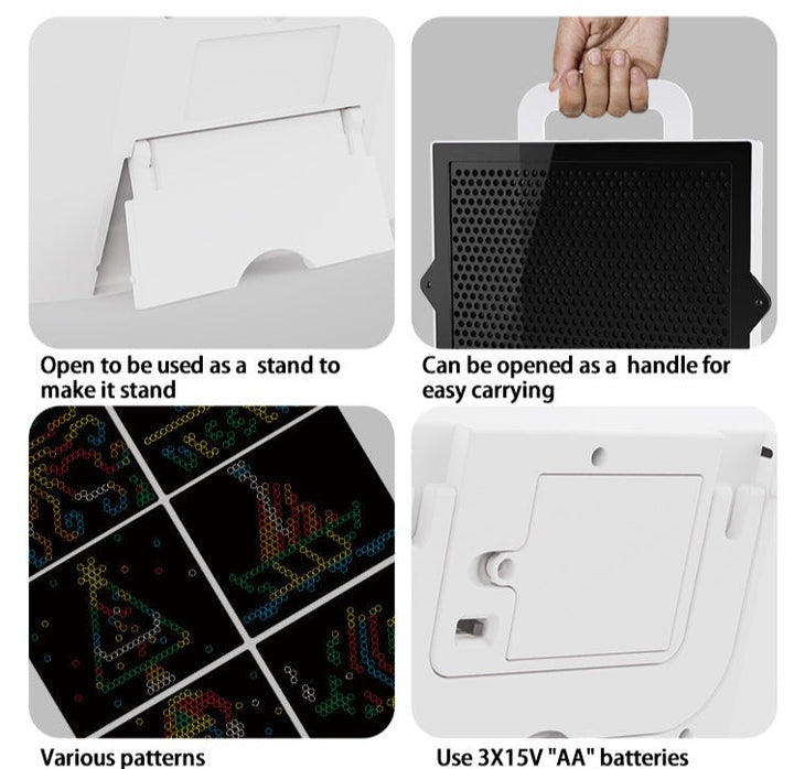 Peg board fold-out stand, carry handle, pattern examples, and AA battery compartment