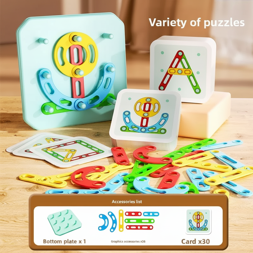 Pegboard puzzle set with a base board, colorful shape pieces, and pattern cards