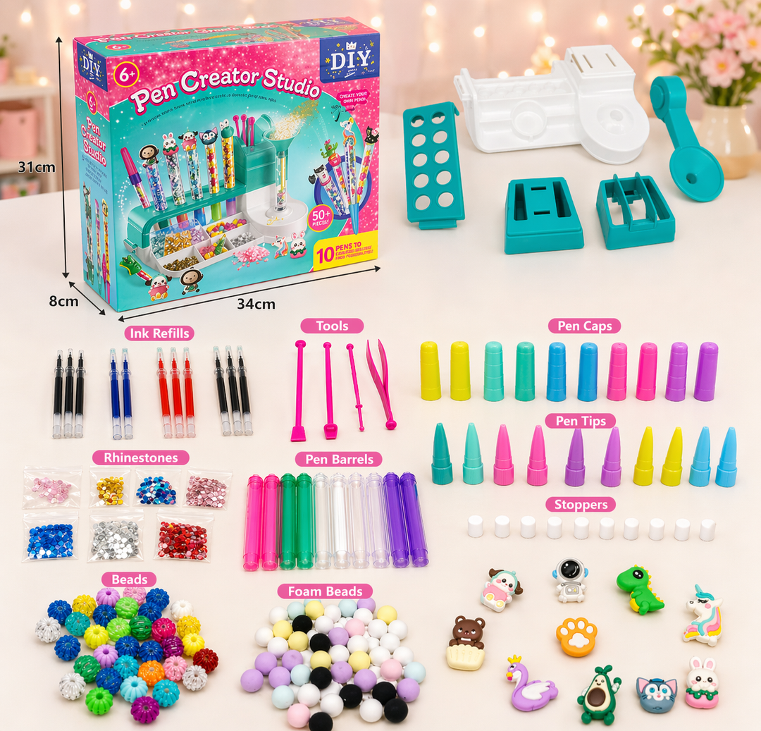 Pen craft kit box with dimensions, station parts, refills, beads, tools, and character toppers