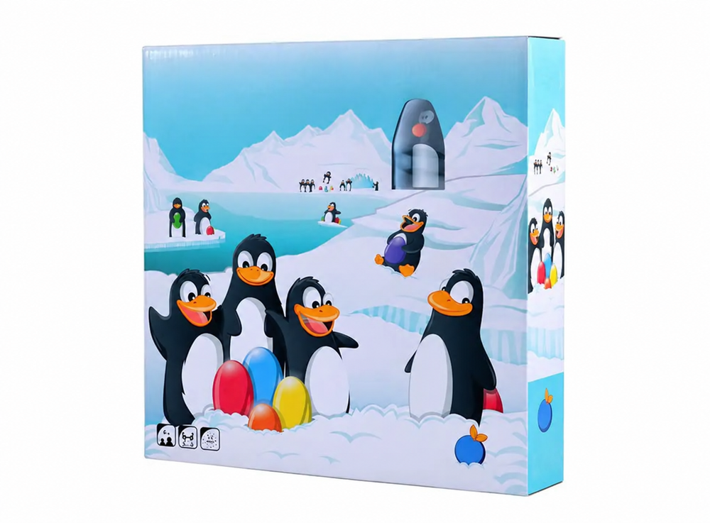Angled view of the penguin memory game box with illustrated penguins and eggs