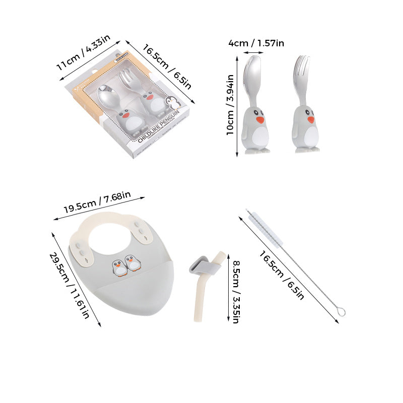 Penguin set measurement guide for the bib, cutlery, and straw