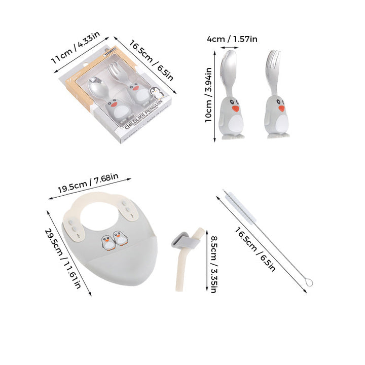 Penguin set measurement guide for the bib, cutlery, and straw