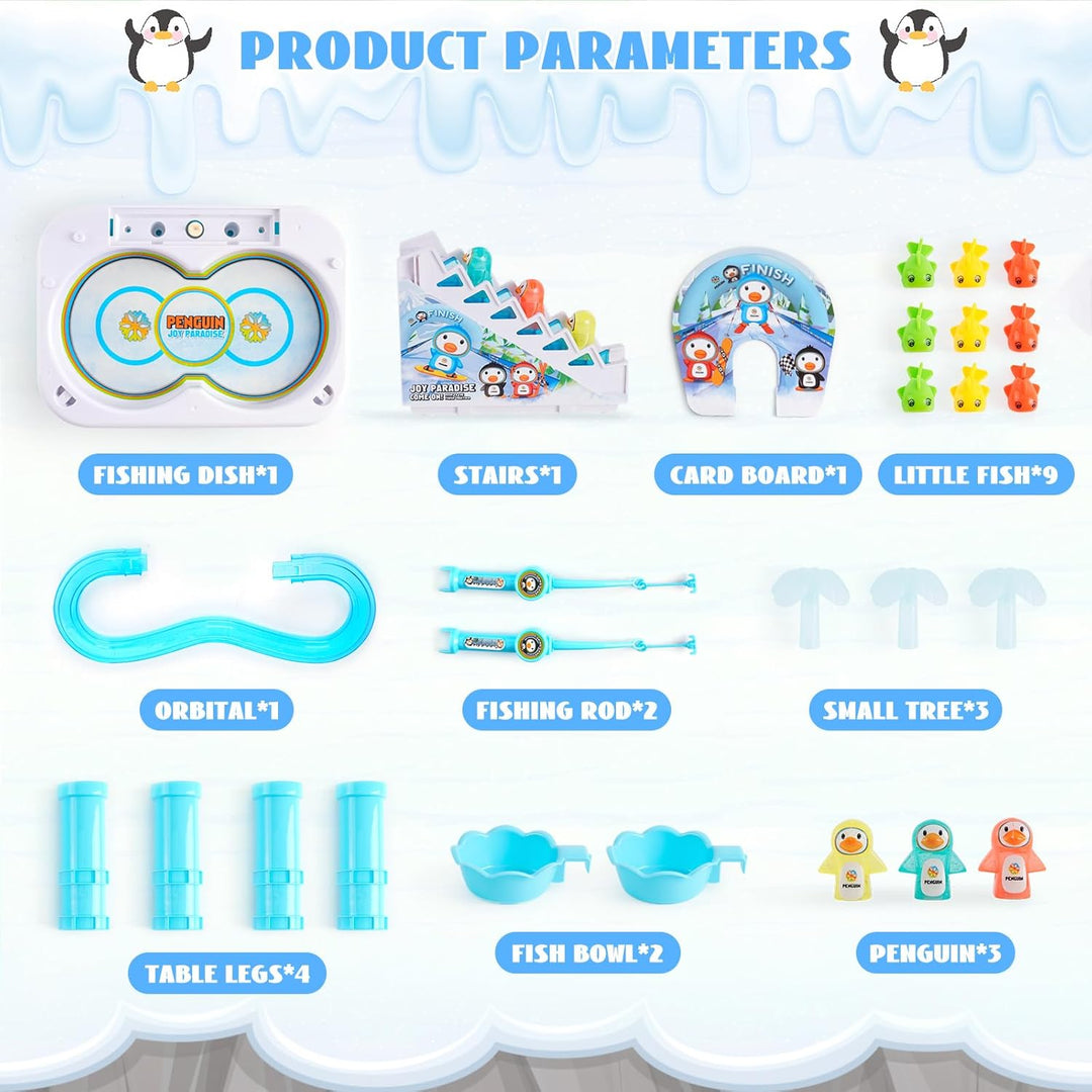Penguin fishing game components, including fish, rods, bowls, penguins, and table legs