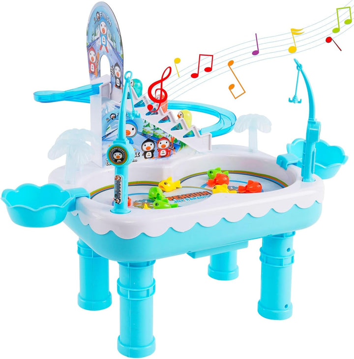 Blue penguin fishing game with a staircase, curved slide, fishing rods, and side bowls