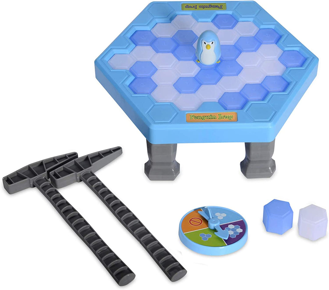 Hexagonal penguin game board with blue and white ice blocks, two hammers, and a spinner