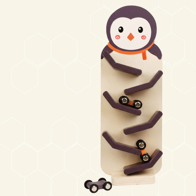 Penguin wooden car ramp with six purple zigzag levels and three toy cars