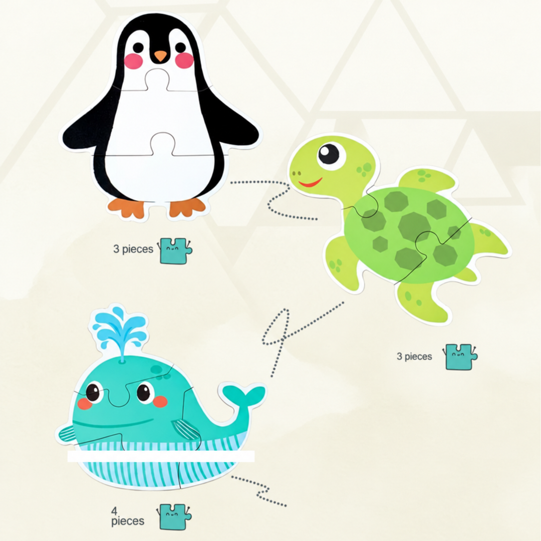 Penguin and turtle puzzles with three pieces each and a whale puzzle with four pieces