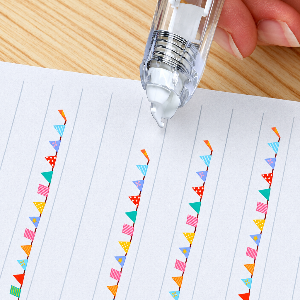 Hand guiding a clear tape dispenser along a lined notebook to add a multicolor pennant border.