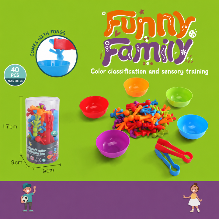 People-shaped counting figures with colored sorting bowls, tongs, and a storage tube