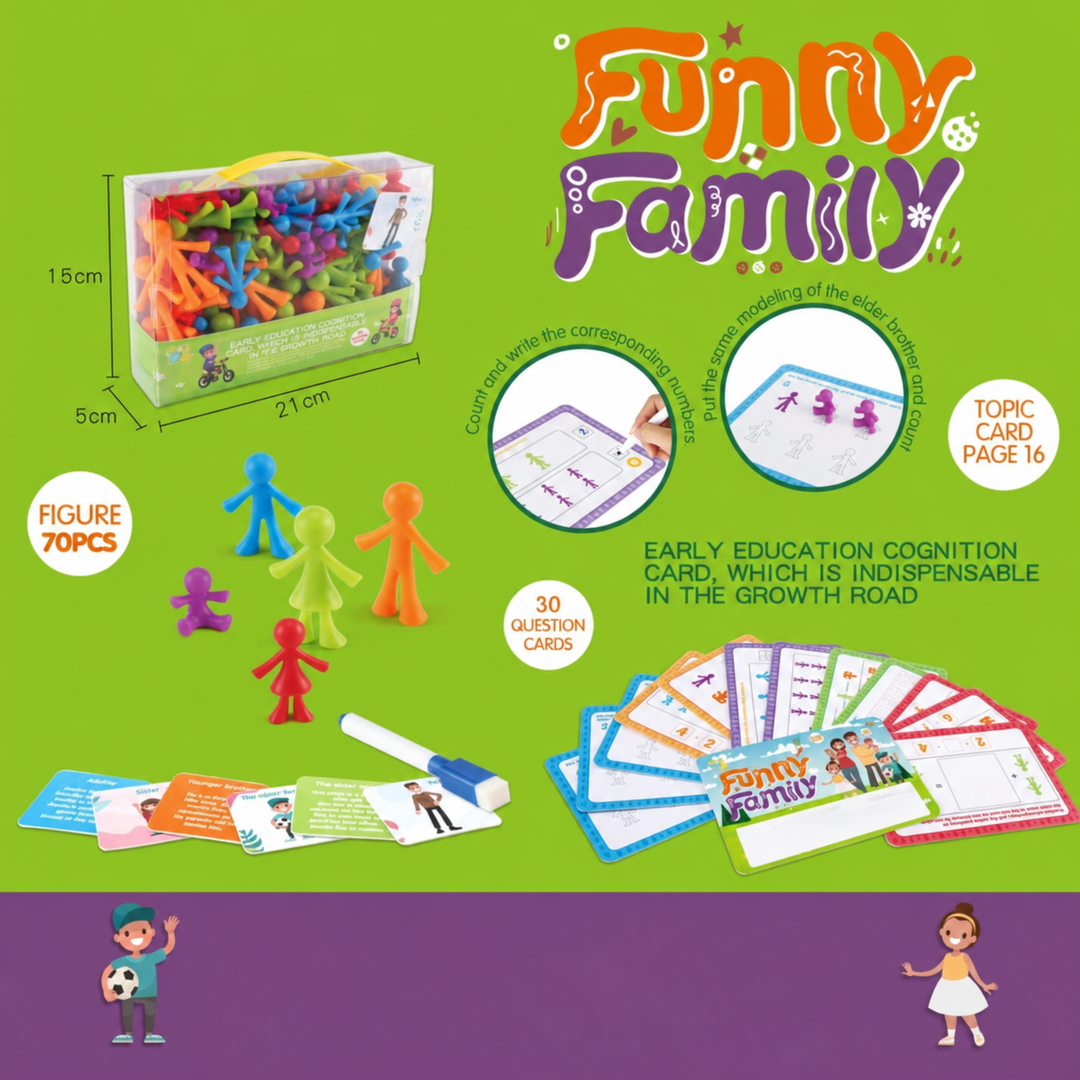 People-themed activity set with colorful figures, learning cards, a marker, and a handled case