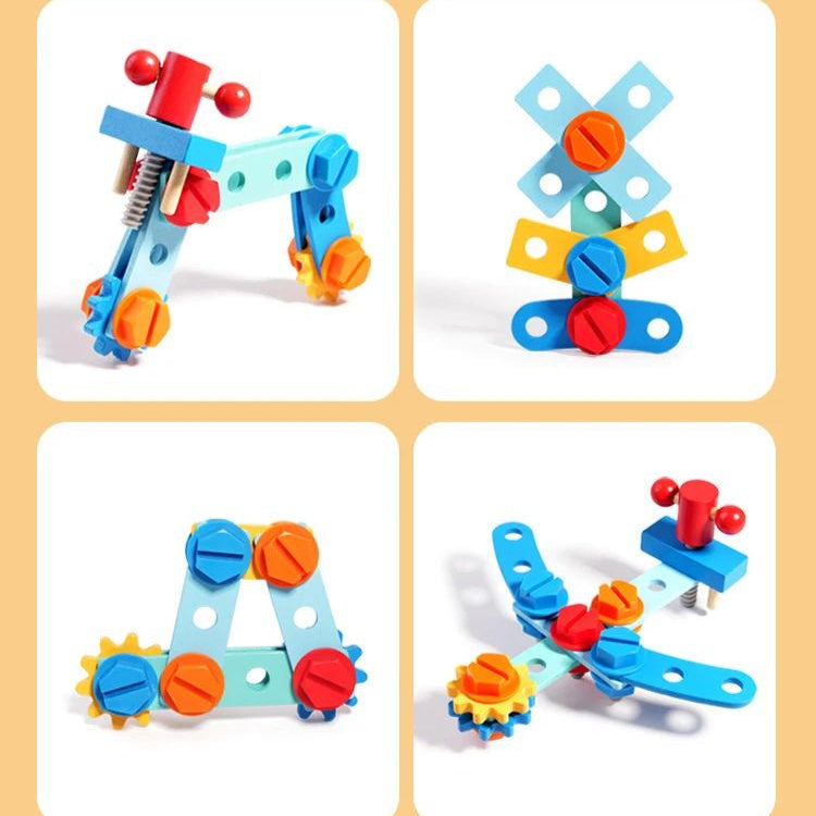 Four example builds using colorful perforated strips, gears, and fasteners