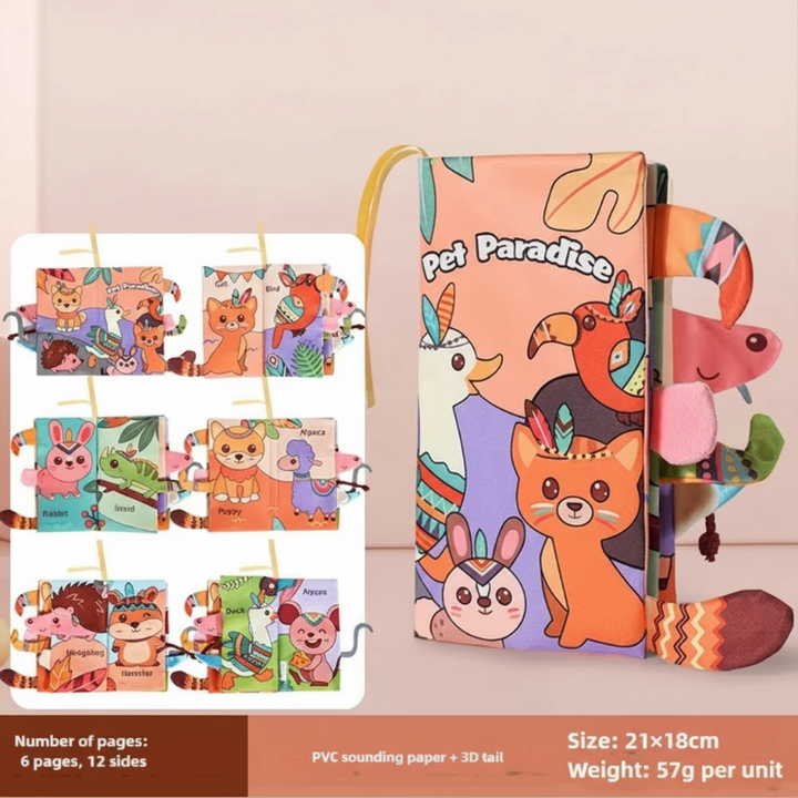 Animal-themed cloth book with fabric tails and a preview of pet illustrations