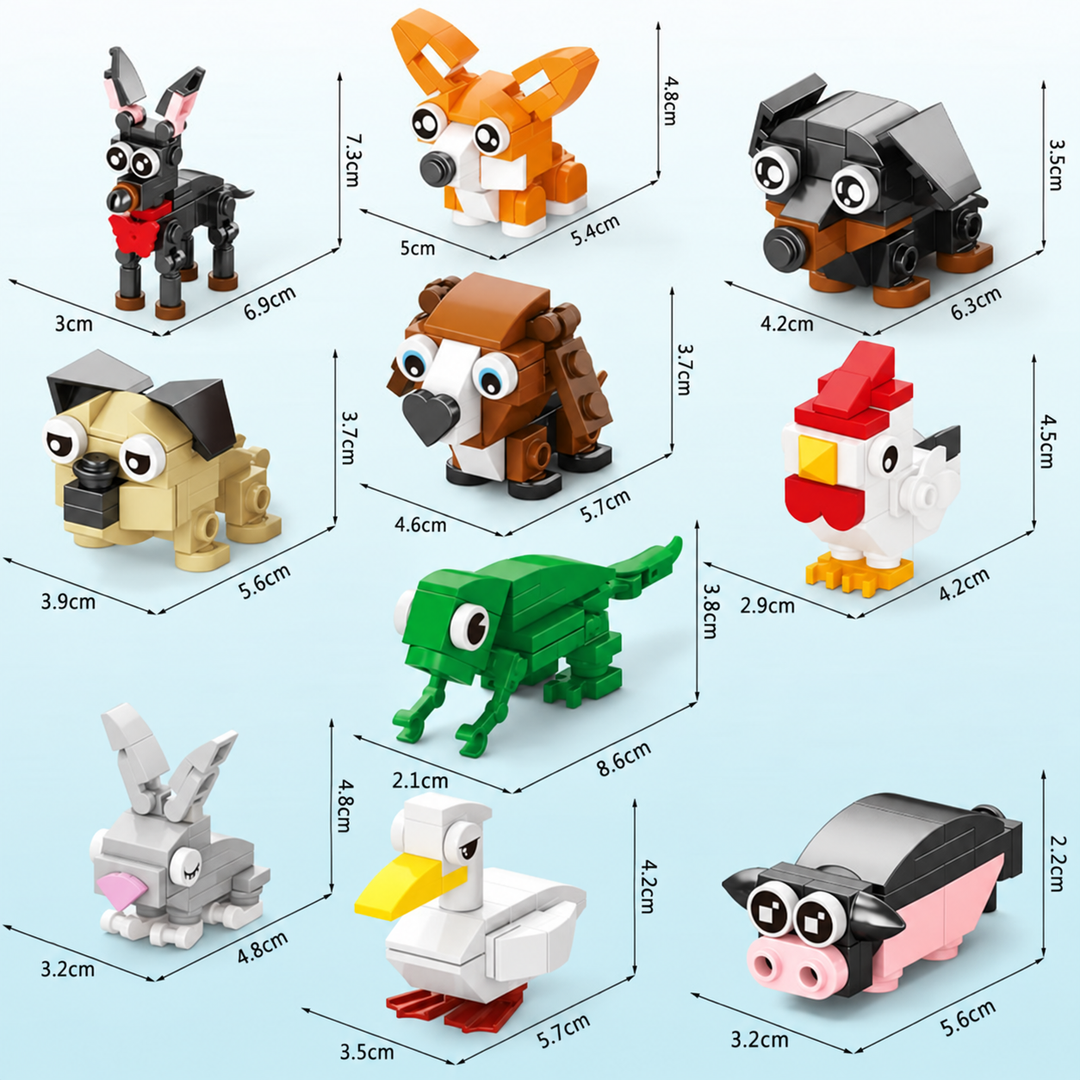 Animal building models with individual height, width, and length measurements in centimeters