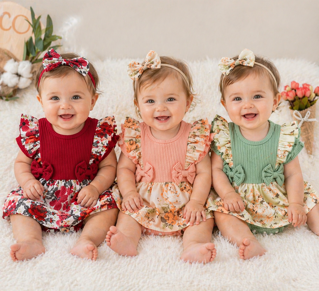 Three babies wearing red, pink and green floral rompers with matching bow headbands