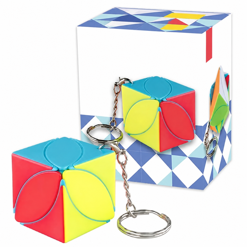 Colorful cube puzzle key ring with curved petal-shaped sections beside its box