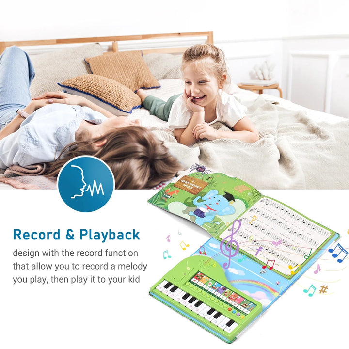 Piano activity book with a family scene and a graphic explaining the record and playback functions