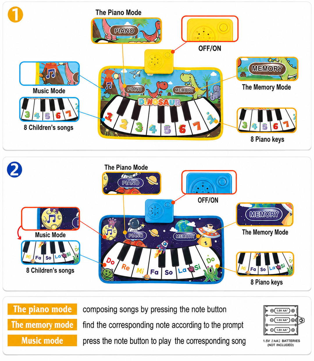 Control diagrams for dinosaur and space piano mats showing play modes, power switches, and keys