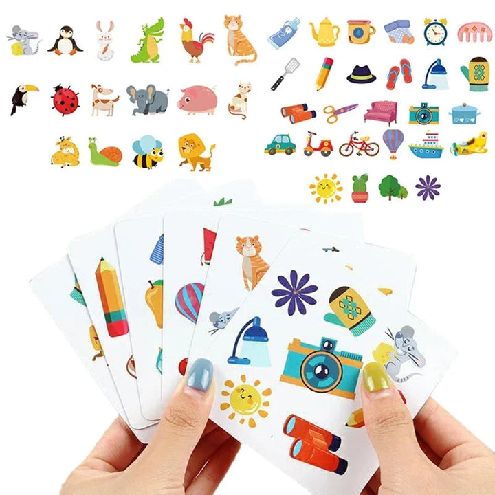 Picture cards beneath a selection of animal, vehicle and object symbols