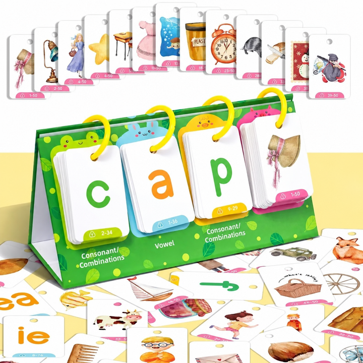 Green flip stand spelling cap beside illustrated cards and letter combinations.