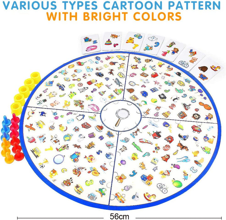 Illustrated matching game board with clue cards, colorful pieces, and a 56 cm measurement