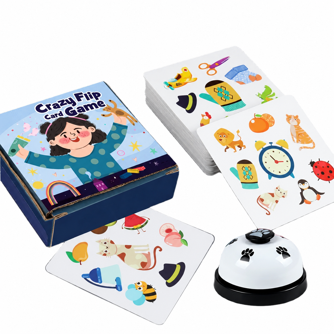Picture-matching card game with illustrated cards, storage box and bell