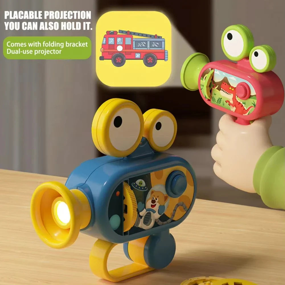 Blue projector flashlight on its stand beside a red handheld version projecting a fire truck picture