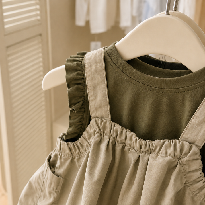 Close-up of the gathered pinafore neckline, wide straps, and olive ruffle-trim top