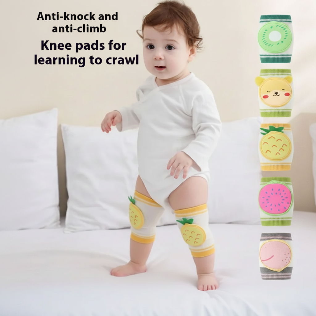 Baby wearing pineapple knee pads beside a vertical display of colorful designs.