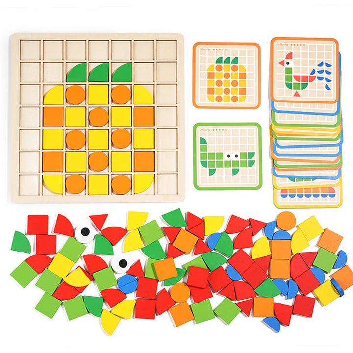 Pineapple design on a wooden puzzle board with colorful shapes and a stack of pattern cards