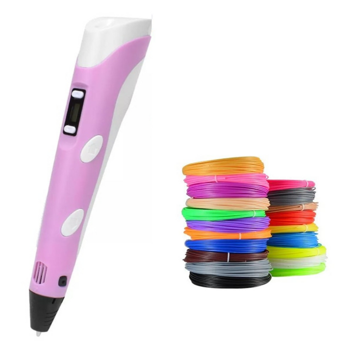 Pink 3D drawing pen beside stacks of multicolored filament