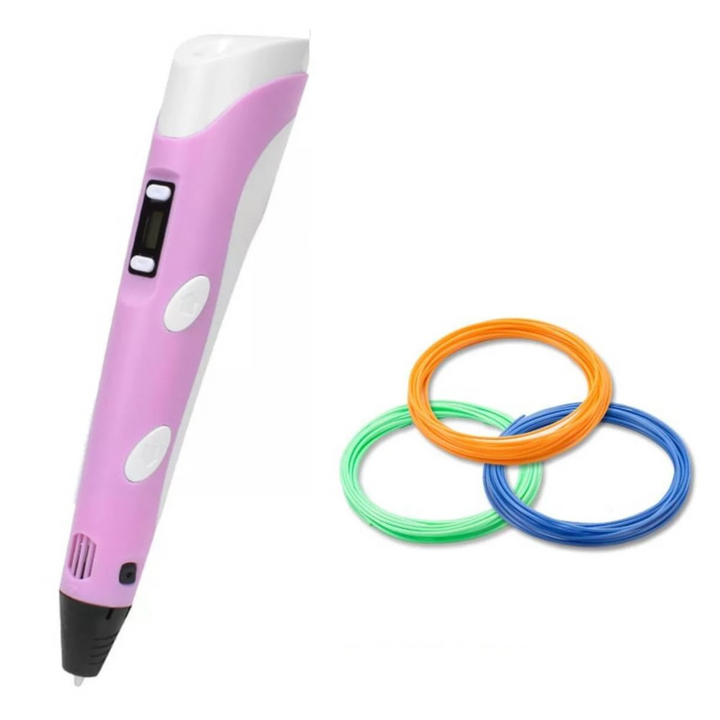 Pink 3D drawing pen with orange, green and blue filament coils