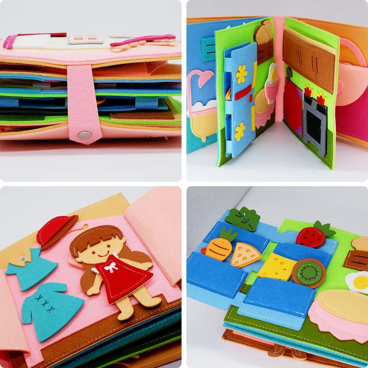 Pink fabric activity book details showing stacked pages, clothing pieces, and a refrigerator scene