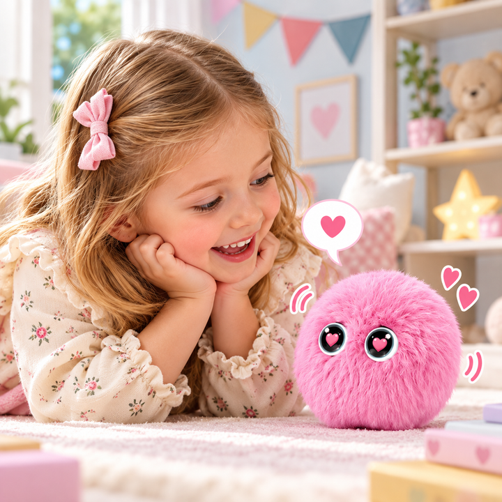 Child leaning toward a pink AI plush toy with heart-shaped eyes at a table