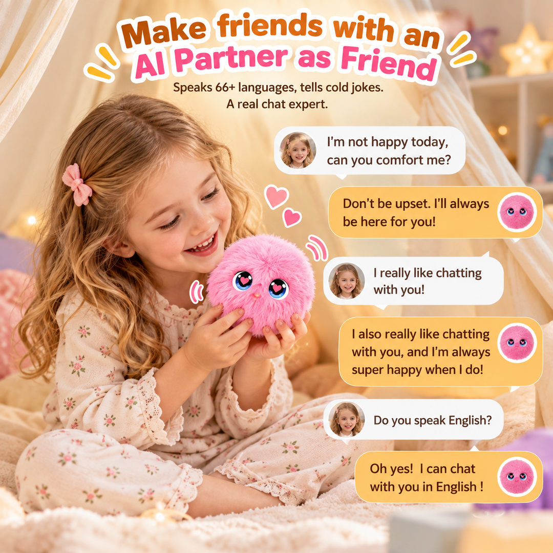Child holding a pink AI plush toy beside sample conversation bubbles