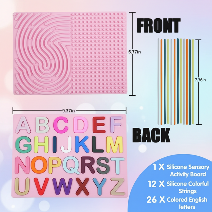 Pink activity board showing both sides, dimensions, 12 silicone strings, and 26 letters