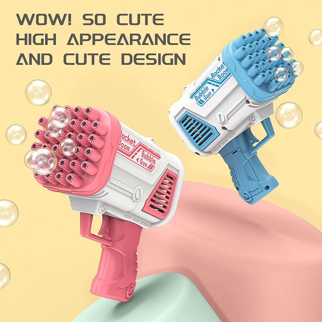 Pink and blue bubble guns shown at an angle with floating bubbles