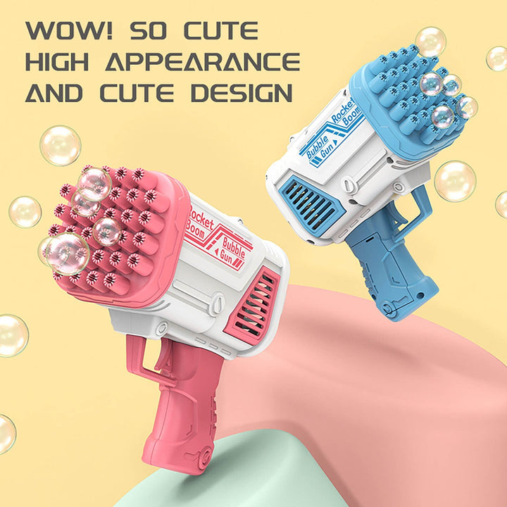 Pink and blue bubble guns shown at an angle with floating bubbles